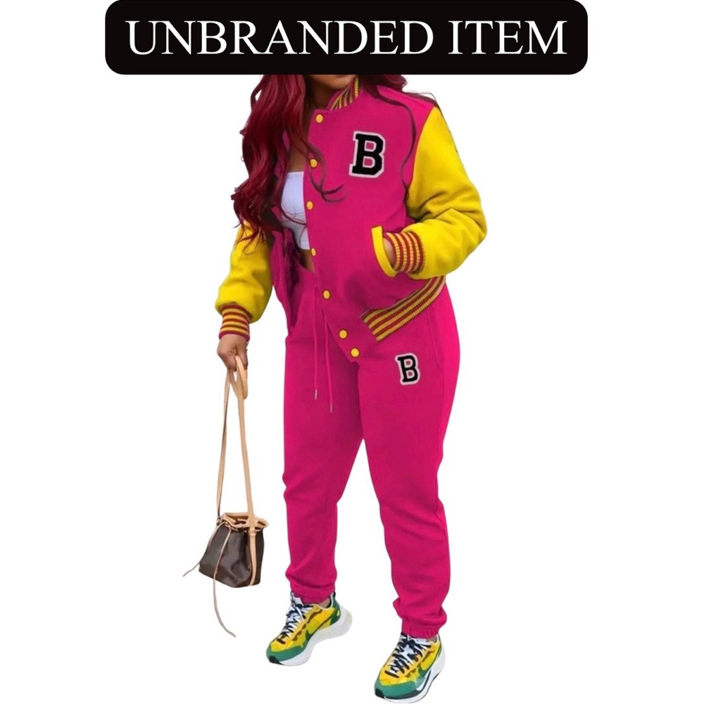 VARSITY JACKET & PANTS: Pink & Yellow w/Letter “B” Embroidery, NIP